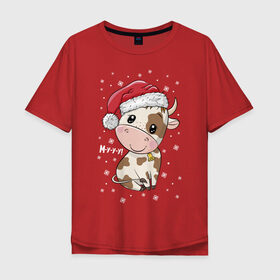 Мужская футболка хлопок Oversize с принтом Бычок , 100% хлопок | свободный крой, круглый ворот, “спинка” длиннее передней части | 2021 | bull | christmas | new year | snow | snowflakes | year of the bull | бык | бычок | год быка | новый год | рождество | снег | снежинки
