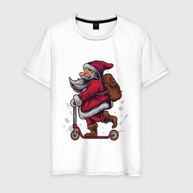 Мужская футболка хлопок с принтом Санта на самокате , 100% хлопок | прямой крой, круглый вырез горловины, длина до линии бедер, слегка спущенное плечо. | 