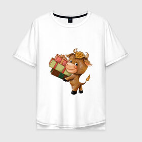 Мужская футболка хлопок Oversize с принтом Символ года 2021 бык , 100% хлопок | свободный крой, круглый ворот, “спинка” длиннее передней части | 