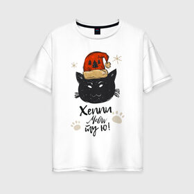 Женская футболка хлопок Oversize с принтом Новогодний кот , 100% хлопок | свободный крой, круглый ворот, спущенный рукав, длина до линии бедер
 | 