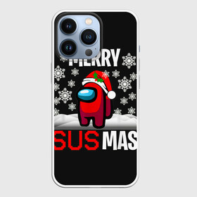 Чехол для iPhone 13 Pro с принтом Merry Sus Mas ,  |  | Тематика изображения на принте: 2021 | among us | impostor | space mafia | sus.puffballs united | амонг ас | глитч | е | игра | импостор | инопланетянunicorn | инопланетяне | инопланетянин | маска | надпись | новогодний амонг ас | с новым годом | самозванец