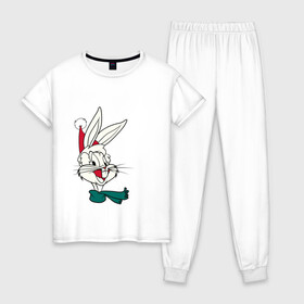 Женская пижама хлопок с принтом Bugs Bunny , 100% хлопок | брюки и футболка прямого кроя, без карманов, на брюках мягкая резинка на поясе и по низу штанин | looney tunes | warner bros | багз банни | безумные мелодии | веселые мелодии | ворнер | луни тюнз | луни тюнс | мультяшки | новый год