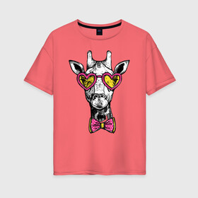 Женская футболка хлопок Oversize с принтом Жираф хипстер , 100% хлопок | свободный крой, круглый ворот, спущенный рукав, длина до линии бедер
 | butterfly | cool | ears | eyes | fashion | giraffe | hipster | horns | hype | muzzle | бабочка | глаза | жираф | круто | очки | рога | уши