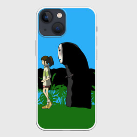 Чехол для iPhone 13 mini с принтом Тихиро гуляет с Каонаси ,  |  | haku | hayao miyazaki | no face | spirited away | аниме персонажи | безликий | безликий бог | божество | девочка | каонаси | мультяшный | небо | пейзаж | призрак | природа | река | речной дух | тихиро | фэнтези | хаку