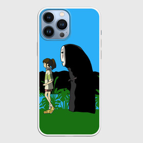 Чехол для iPhone 13 Pro Max с принтом Тихиро гуляет с Каонаси ,  |  | haku | hayao miyazaki | no face | spirited away | аниме персонажи | безликий | безликий бог | божество | девочка | каонаси | мультяшный | небо | пейзаж | призрак | природа | река | речной дух | тихиро | фэнтези | хаку