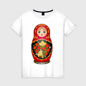 Женская футболка хлопок с принтом Матрешка Снегурка Хохлома , 100% хлопок | прямой крой, круглый вырез горловины, длина до линии бедер, слегка спущенное плечо | 