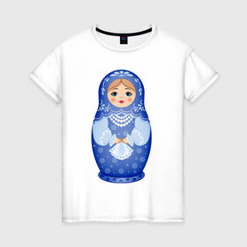 Женская футболка хлопок с принтом Матрешка Снегурка Гжель , 100% хлопок | прямой крой, круглый вырез горловины, длина до линии бедер, слегка спущенное плечо | 