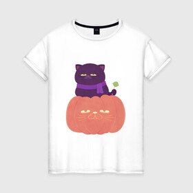 Женская футболка хлопок с принтом Хеллоуиновский кот , 100% хлопок | прямой крой, круглый вырез горловины, длина до линии бедер, слегка спущенное плечо | арт | ведьма | кот | кошка | рисунок | сладость чупа чупс | тыква | хеллоуин | хэллоуин | чёрная кошка | чёрный кот | шарф
