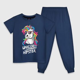 Детская пижама хлопок с принтом Unicorn hipster , 100% хлопок |  брюки и футболка прямого кроя, без карманов, на брюках мягкая резинка на поясе и по низу штанин
 | Тематика изображения на принте: color | cool | eyes | fashion | hipster | horn | hype | mane | muzzle | unicorn | глаза | грива | единорог | круто | мода | очки | рог | хайп | хипстер | цвет