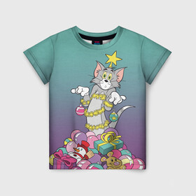 Детская футболка 3D с принтом Tom and Jerry , 100% гипоаллергенный полиэфир | прямой крой, круглый вырез горловины, длина до линии бедер, чуть спущенное плечо, ткань немного тянется | tom and jerry | vdkimel | warner bros | гирлянда | елка | подарки | том и джерри