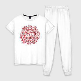Женская пижама хлопок с принтом Merry Christmas #3 , 100% хлопок | брюки и футболка прямого кроя, без карманов, на брюках мягкая резинка на поясе и по низу штанин | 