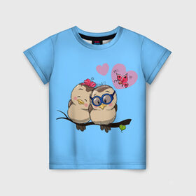 Детская футболка 3D с принтом Влюблённые пташки , 100% гипоаллергенный полиэфир | прямой крой, круглый вырез горловины, длина до линии бедер, чуть спущенное плечо, ткань немного тянется | влюблённые птички. | воробушки | любовь | птицы | сердечки