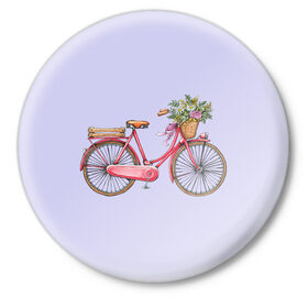 Значок с принтом Bicycle ,  металл | круглая форма, металлическая застежка в виде булавки | букет | велосипед | лето | цветы