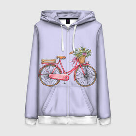 Женская толстовка 3D на молнии с принтом Bicycle , 100% полиэстер | длина до линии бедра, манжеты и пояс оформлены мягкой тканевой резинкой, двухслойный капюшон со шнурком для регулировки, спереди молния, по бокам два кармана | букет | велосипед | лето | цветы