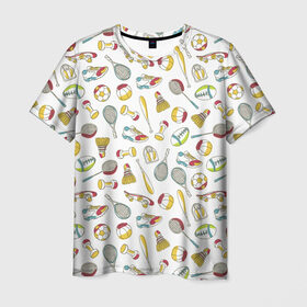 Мужская футболка 3D с принтом спорт , 100% полиэфир | прямой крой, круглый вырез горловины, длина до линии бедер | бита | весы | воланчик | гантеля | кроссовок | мяч | ракетка | скейт