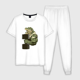 Мужская пижама хлопок с принтом Крокодил , 100% хлопок | брюки и футболка прямого кроя, без карманов, на брюках мягкая резинка на поясе и по низу штанин
 | злой крокодил | крокодил | крокодил с гантелей | мускулистый крокодил | сильный крокодил