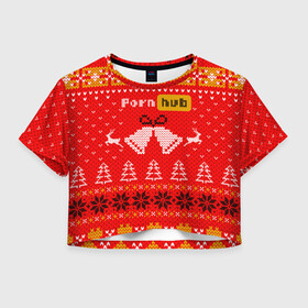 Женская футболка Crop-top 3D с принтом Pornhub рождественский свитер , 100% полиэстер | круглая горловина, длина футболки до линии талии, рукава с отворотами | 2021 | christmas | knit | knitted | merch | new year | sweater | ugly sweater | вязанный | вязяный | зимний | лого | логотип | мерч | новый год | олени | рождественский | рождество
