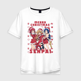 Мужская футболка хлопок Oversize с принтом MERRY CHRISTMAS (SENPAI) , 100% хлопок | свободный крой, круглый ворот, “спинка” длиннее передней части | ahegao | anime | japan | manga | sempai | senpai | аниме | ахегао | лицо | манга | семпай | сенпай | япония