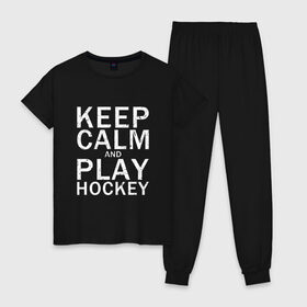 Женская пижама хлопок с принтом K.C.a. Play Hockey , 100% хлопок | брюки и футболка прямого кроя, без карманов, на брюках мягкая резинка на поясе и по низу штанин | and | calm | hockey | ice | keep | play | sport | sports | и | играй | сохраняй | спокойствие | спорт | хокей | хоккей