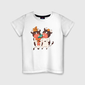 Детская футболка хлопок с принтом Влюбленные бычок и корова , 100% хлопок | круглый вырез горловины, полуприлегающий силуэт, длина до линии бедер | 