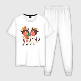 Мужская пижама хлопок с принтом Влюбленные бычок и корова , 100% хлопок | брюки и футболка прямого кроя, без карманов, на брюках мягкая резинка на поясе и по низу штанин
 | 