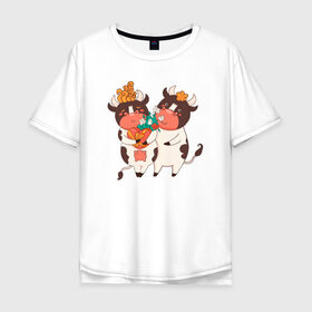 Мужская футболка хлопок Oversize с принтом Влюбленные бычок и корова , 100% хлопок | свободный крой, круглый ворот, “спинка” длиннее передней части | 