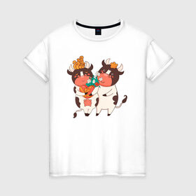 Женская футболка хлопок с принтом Влюбленные бычок и корова , 100% хлопок | прямой крой, круглый вырез горловины, длина до линии бедер, слегка спущенное плечо | 