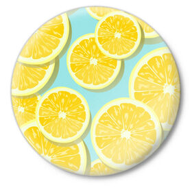 Значок с принтом лимончики ,  металл | круглая форма, металлическая застежка в виде булавки | еда | лимон | фрукты | цитрусы