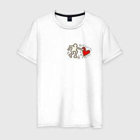 Мужская футболка хлопок с принтом Heart , 100% хлопок | прямой крой, круглый вырез горловины, длина до линии бедер, слегка спущенное плечо. | влюбленные | красный | люди | минимализм | отношения | рисунок | сердечко | страсть | человечки