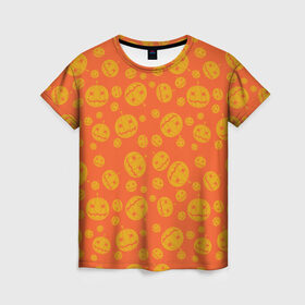 Женская футболка 3D с принтом Helloween Pumpkin - Хеллоуин , 100% полиэфир ( синтетическое хлопкоподобное полотно) | прямой крой, круглый вырез горловины, длина до линии бедер | helloween | orange | pumpkin | оранжевый | тыквы | хеллоуин