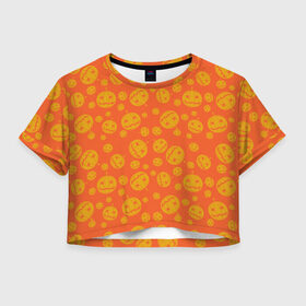 Женская футболка Crop-top 3D с принтом Helloween Pumpkin - Хеллоуин , 100% полиэстер | круглая горловина, длина футболки до линии талии, рукава с отворотами | Тематика изображения на принте: helloween | orange | pumpkin | оранжевый | тыквы | хеллоуин