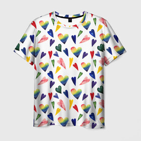Мужская футболка 3D с принтом Пастельные сердца , 100% полиэфир | прямой крой, круглый вырез горловины, длина до линии бедер | Тематика изображения на принте: gradient | heart | pastel | pattern | rainbow | watercolor | акварель | градиент | пастель | радуга | сердце | узор
