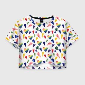 Женская футболка Crop-top 3D с принтом Пастельные сердца , 100% полиэстер | круглая горловина, длина футболки до линии талии, рукава с отворотами | gradient | heart | pastel | pattern | rainbow | watercolor | акварель | градиент | пастель | радуга | сердце | узор