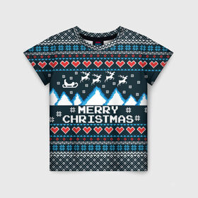 Детская футболка 3D с принтом Свитер Merry Christmas , 100% гипоаллергенный полиэфир | прямой крой, круглый вырез горловины, длина до линии бедер, чуть спущенное плечо, ткань немного тянется | 8бит | merry christmas | вязаный | горы | новый год | олени | пиксельный | ретро | рождество | свитер | узор