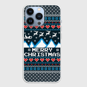 Чехол для iPhone 13 Pro с принтом Свитер Merry Christmas ,  |  | Тематика изображения на принте: 8бит | merry christmas | вязаный | горы | новый год | олени | пиксельный | ретро | рождество | свитер | узор