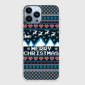 Чехол для iPhone 13 Pro Max с принтом Свитер Merry Christmas ,  |  | Тематика изображения на принте: 8бит | merry christmas | вязаный | горы | новый год | олени | пиксельный | ретро | рождество | свитер | узор