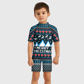 Детский купальный костюм 3D с принтом Свитер Merry Christmas , Полиэстер 85%, Спандекс 15% | застежка на молнии на спине | Тематика изображения на принте: 8бит | merry christmas | вязаный | горы | новый год | олени | пиксельный | ретро | рождество | свитер | узор