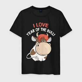 Мужская футболка хлопок с принтом I love year of the bull! , 100% хлопок | прямой крой, круглый вырез горловины, длина до линии бедер, слегка спущенное плечо. | Тематика изображения на принте: 