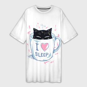 Платье-футболка 3D с принтом Я Люблю Спать ,  |  | Тематика изображения на принте: cat | cats | coffee | i | love | nekoffee | night | sleep | вечер | жарко | зима | кот | котенок | котик | котэ | котяра | котята | кофе | кошка | люблю | любовь | нежное | нежный | ночь | сон | спать | тепло | холод | холодно | я