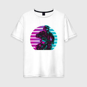 Женская футболка хлопок Oversize с принтом Неоновый мотоциклист , 100% хлопок | свободный крой, круглый ворот, спущенный рукав, длина до линии бедер
 | 