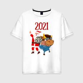 Женская футболка хлопок Oversize с принтом Новый 2021 Год , 100% хлопок | свободный крой, круглый ворот, спущенный рукав, длина до линии бедер
 | 