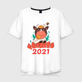 Мужская футболка хлопок Oversize с принтом Довольный бык 2021 , 100% хлопок | свободный крой, круглый ворот, “спинка” длиннее передней части | 