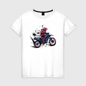Женская футболка хлопок с принтом Мотокросс , 100% хлопок | прямой крой, круглый вырез горловины, длина до линии бедер, слегка спущенное плечо | moto | motocross | motorcycle | мото | мотокросс | мотоцикл | мотоциклист | мотоциклисты | мотоциклы | неон | череп | шлем