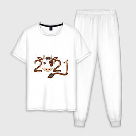 Мужская пижама хлопок с принтом Бык 2021 , 100% хлопок | брюки и футболка прямого кроя, без карманов, на брюках мягкая резинка на поясе и по низу штанин
 | 2021 | бык | год быка | гороскоп | дата | животное | китайский | новый год | праздничный | символ