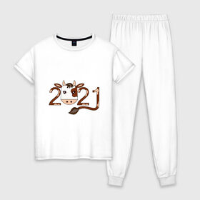Женская пижама хлопок с принтом Бык 2021 , 100% хлопок | брюки и футболка прямого кроя, без карманов, на брюках мягкая резинка на поясе и по низу штанин | 2021 | бык | год быка | гороскоп | дата | животное | китайский | новый год | праздничный | символ