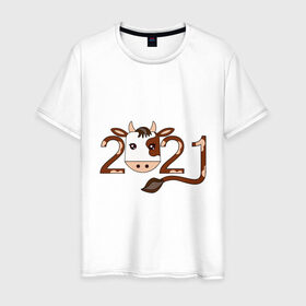 Мужская футболка хлопок с принтом Бык 2021 , 100% хлопок | прямой крой, круглый вырез горловины, длина до линии бедер, слегка спущенное плечо. | Тематика изображения на принте: 2021 | бык | год быка | гороскоп | дата | животное | китайский | новый год | праздничный | символ