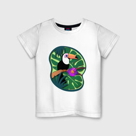 Детская футболка хлопок с принтом Тукан , 100% хлопок | круглый вырез горловины, полуприлегающий силуэт, длина до линии бедер | лето | пальмы | природа | птицы | растения | тропики | тукан | цветы