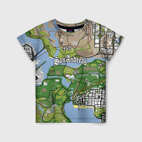 Детская футболка 3D с принтом GTA San Andreas map , 100% гипоаллергенный полиэфир | прямой крой, круглый вырез горловины, длина до линии бедер, чуть спущенное плечо, ткань немного тянется | game | grand theft auto | gta san andreas | гта сан андреас | игра | карта | самп