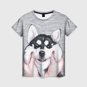 Женская футболка 3D с принтом Хаски , 100% полиэфир ( синтетическое хлопкоподобное полотно) | прямой крой, круглый вырез горловины, длина до линии бедер | гладить собаку | животные | пёс | пёсики | серый фон | сибирский хаски | собаки | хаски