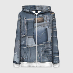 Женская толстовка 3D на молнии с принтом Jeans life , 100% полиэстер | длина до линии бедра, манжеты и пояс оформлены мягкой тканевой резинкой, двухслойный капюшон со шнурком для регулировки, спереди молния, по бокам два кармана | cool | fashion | hype | jeans | texture | vanguard | авангард | круто | мода | текстура | хайп